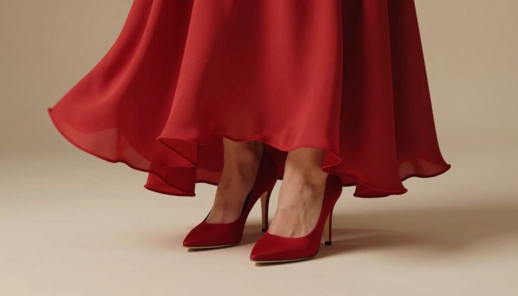 A stylish pair of elegant shoes partially visible beneath a flowing red long dress, set against a soft, neutral-toned background that enhances the vibrant red of the gown. The foreground features the delicate texture of the dress, hinting at the fabric's movement, while the shoes, possibly classic stilettos or sophisticated ankle boots, are subtly showcased. Soft, warm lighting creates a romantic atmosphere with gentle shadows, highlighting the contours of the shoes and dress. The angle captures the feet and lower portion of the dress, ensuring the ensemble appears refined and well-coordinated. The image conveys elegance and timeless fashion, perfectly blending the elements together to inspire a sense of occasion and style.