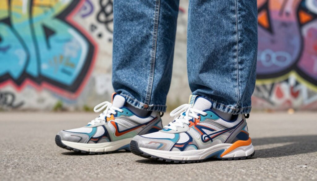 A stylish pair of sneakers designed for streetwear, set against a vibrant urban backdrop. The sneakers are colorful with a modern aesthetic, showcasing intricate patterns and textures. In the foreground, a pair of wide-leg blue jeans casually drapes around the sneakers, emphasizing their relaxed but fashionable vibe. The middle ground features a graffiti-adorned wall adding to the streetwear theme. Bright, natural lighting enhances the scene, casting soft shadows that give depth and dimension. The angle captures the sneakers in a dynamic perspective, creating an inviting and energetic atmosphere. Overall, the image conveys a sense of everyday fashion, blending comfort with contemporary style.
