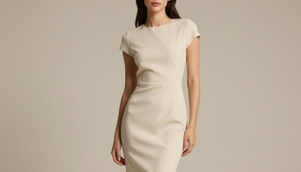 A stylish woman wearing a fitted, minimalist dress that emphasizes her silhouette, standing confidently against a soft, neutral background. The dress has clean lines and a classic yet modern cut, highlighting her waist and creating an elegant flow. The lighting is warm and soft, casting gentle shadows that enhance the texture of the fabric. The scene is shot from a slightly low angle, adding to the sense of empowerment and grace. Her expression is calm and self-assured, embodying a chic, everyday style. The atmosphere is inviting and inspirational, perfect for showcasing the beauty of tailored minimalist fashion.