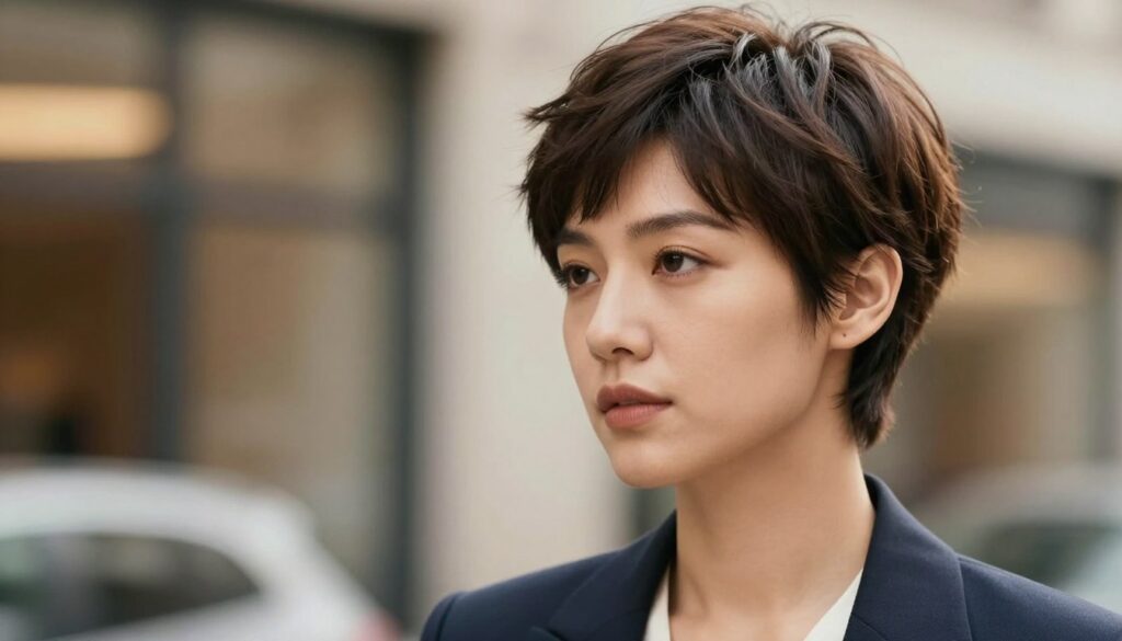 A stylish woman with a modern pixie cut, showcasing a harmonious blend of sharp and soft facial features. Her hairstyle elegantly frames her face, emphasizing her cheekbones and jawline. She is wearing professional business attire, exuding confidence and sophistication. The background features a softly blurred, chic urban setting with warm, natural lighting to enhance the image's vibrancy. The shot is taken from a slight angle to capture the contours of her head and the pixie cut's proportionate styling. The overall mood is empowering and fresh, perfect for illustrating personal grooming choices that complement various face shapes and features.