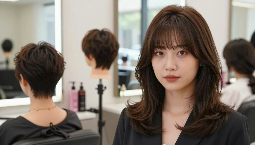 A stylish woman with a round face showcases trendy hairstyles that slim the face, featuring flattering cuts and bangs. In the foreground, she wears a professional outfit, with her hair styled in soft waves and a long, layered cut that enhances her features. The middle ground displays different hairstyle options like side-swept bangs and textured pixie cuts in a well-lit beauty salon setting. The background is a softly blurred interior with mirrors and hair products, creating a chic atmosphere. Natural light streams through large windows, illuminating her complexion, while the focus is on her face and hairstyle. The overall mood is elegant and inspiring, emphasizing confidence and beauty.
