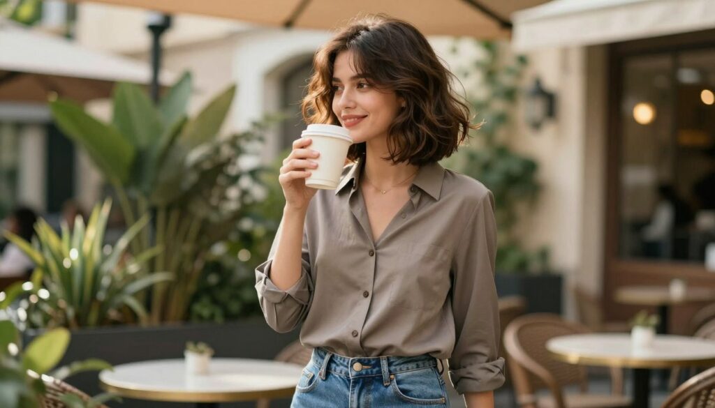 A stylish young woman with a long bob haircut, slightly tousled, standing in an elegant outdoor café setting. Her hair cascades just below the shoulders with soft waves that add movement and dimension, reflecting a modern and youthful vibe. She is wearing a smart casual outfit—a chic blouse paired with tailored jeans—while sipping coffee and smiling naturally. The background features lush greenery and a hint of vintage architecture under soft, warm afternoon light, enhancing the welcoming atmosphere. Use a shallow depth of field to keep the focus on her hairstyle while softly blurring the background. The overall mood should radiate freshness and vitality, accentuating the transformative power of a long bob hairstyle.