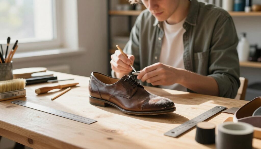 A well-organized workbench in a bright, airy workshop setting, focusing on the preparation of shoe surfaces for gluing. In the foreground, a pair of shoes lies on the table, with one shoe showing detailed surface preparation: scuffed areas being sanded with a fine tool. Tools such as sandpaper, a ruler, and a brush are neatly arranged nearby. In the middle ground, a person in modest casual clothing is carefully examining the shoe, looking focused and professional. Soft, natural light pours in from a window, casting gentle shadows and creating a warm, inviting atmosphere. The background features organized shelves filled with shoe repair supplies, emphasizing the craft's precision and care. The overall mood is industrious and empowering, highlighting the importance of preparation in the shoe repairing process.