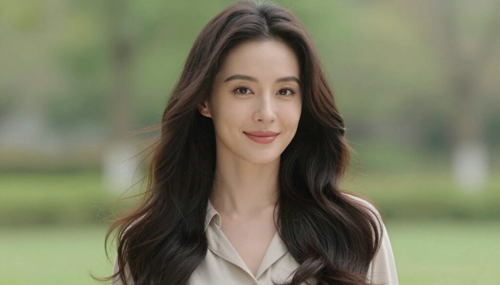 A woman with long, flowing hair styled to flatter a round face, her hair cascading elegantly past her shoulders. She sports soft, layered waves that add volume and movement, enhancing the slender effect on her face. The subject has a warm, inviting expression, dressed in a modest, stylish blouse that complements her hairstyle. The background features a soft-focus, natural setting with gentle greenery, providing a calm and fresh atmosphere. The lighting is soft and diffused, highlighting the texture of her hair and the contours of her face without harsh shadows. The image is captured from a slightly angled perspective to emphasize the hairstyle's frame around her face, conveying a sense of elegance and sophistication.