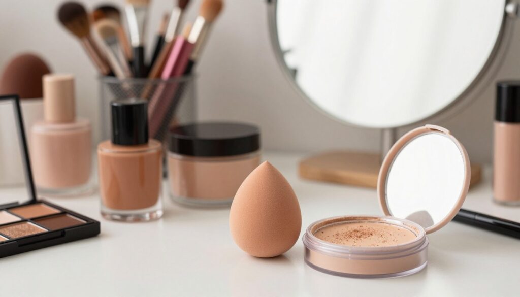 A beautiful, organized makeup artist's workspace featuring a variety of makeup items prominently displayed. In the foreground, a well-used, soft makeup sponge sits beside an open container of fine translucent powder, with light reflecting off its surface. In the middle, there are elegant jars of bronzer and blush, showcasing their rich, earthy tones. A sleek, modern mirror partially reflects a gentle morning light that softly illuminates the scene. The background consists of blurred shelves filled with beauty tools and colorful cosmetics, creating a harmonious and inviting atmosphere. The overall mood is calm and inspiring, perfect for showcasing the artistry and versatility of makeup application techniques. The scene should evoke a sense of beauty and creativity, emphasizing the useful applications of a makeup sponge.