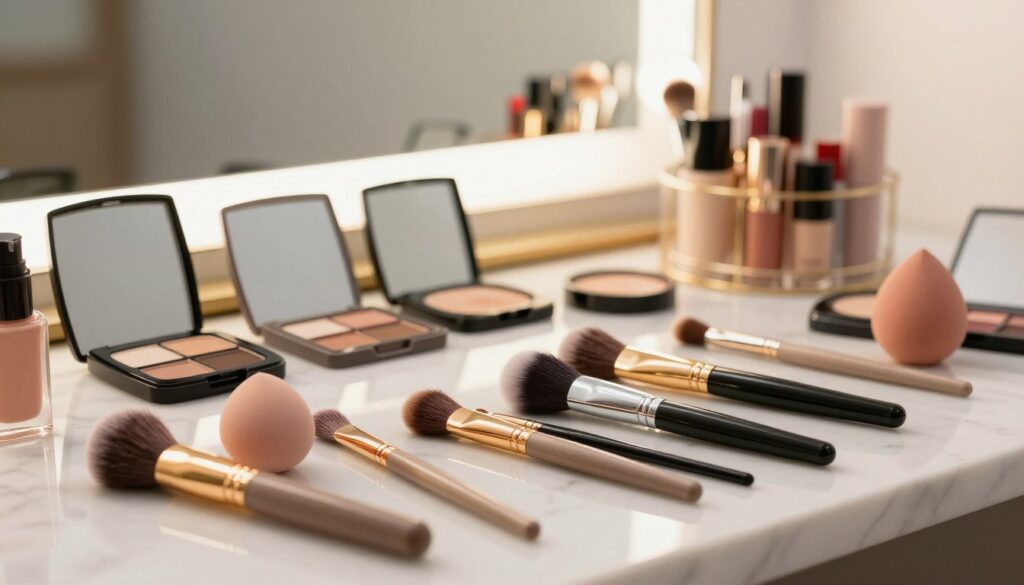 A beautifully arranged collection of essential makeup accessories displayed on a sleek, marble countertop. In the foreground, highlight a variety of professional makeup brushes with soft, bristles and elegantly designed handles, scattered alongside a high-quality makeup sponge. In the middle ground, include a set of compact mirrors, reflecting soft, ambient lighting, and a chic makeup organizer holding various lipsticks and eyeshadows. The background should feature gentle, diffused light emanating from a ring light, creating a warm and inviting atmosphere. Focus on capturing the textures and colors of the accessories, ensuring clarity and detail, with a slight depth of field to emphasize the foreground items. The overall mood should be sophisticated yet approachable, perfect for aspiring makeup enthusiasts.