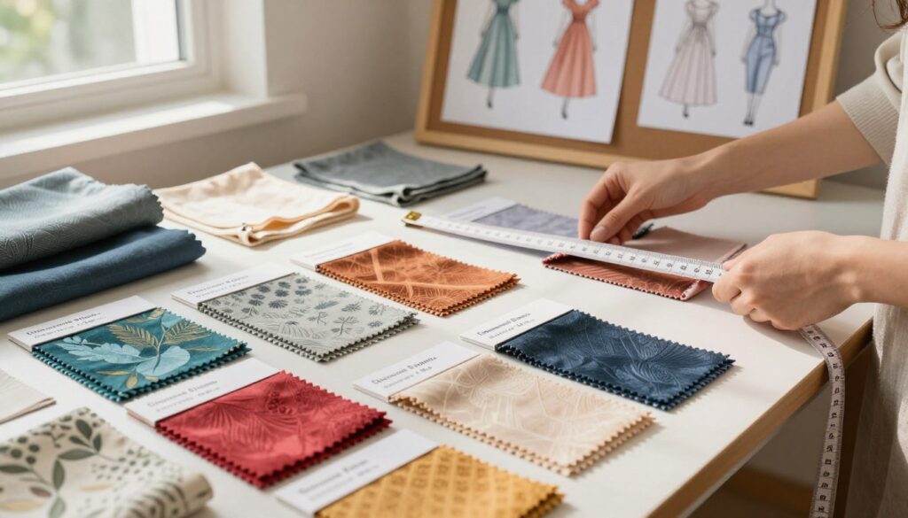 A beautifully arranged display of various fabric swatches laid out on a stylish worktable, showcasing the estimated fabric quantities needed for different dress styles according to sleeve types. In the foreground, vibrant and textured fabrics in assorted colors and patterns are neatly organized, each labeled with the approximate meter requirements. In the middle ground, a pair of professional hands is measuring fabric lengths with a soft measuring tape, emphasizing precision. In the background, elegant dress patterns and sketches are pinned on a bulletin board, bathed in warm, natural light streaming through a nearby window. The scene conveys a productive, creative atmosphere, perfect for fashion design discussions, with an elegant balance of colors and textures.