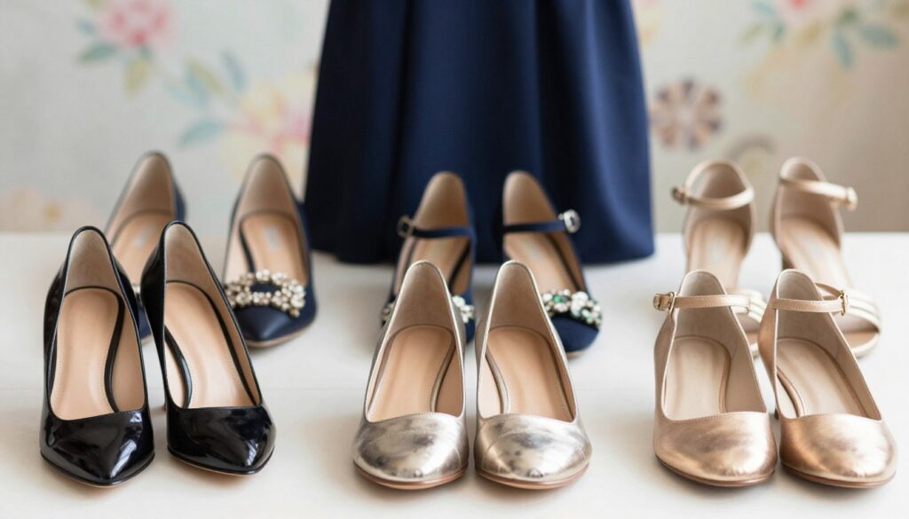 A beautifully arranged flat lay featuring a selection of elegant shoes suitable for pairing with a navy blue dress. In the foreground, showcase a variety of shoe styles: classic pumps in black patent leather, strappy sandals in metallic tones, and chic ballet flats. The middle section includes detailed texture shots of the shoes, highlighting their craftsmanship, with some adorned with delicate embellishments. The background should be softly blurred with a muted color palette that complements navy blue, perhaps with hints of soft floral or geometric patterns. Use warm, diffused lighting to create an inviting atmosphere, making the shoes pop against the elegant backdrop. Emphasize professional styling with all shoes appearing polished and ready for a formal occasion.