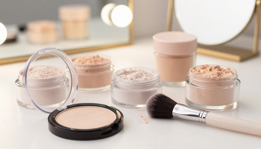 A beautifully arranged flat lay featuring a variety of high-quality powders designed for setting makeup. In the foreground, a sleek, elegant compact of translucent powder sits beside a delicate makeup brush, both exuding luxury. In the middle, a few jars of loose powders in soft pastel shades are artistically scattered, showcasing their textures. The background features a blurred vanity mirror reflecting subtle soft lighting, creating a gentle ambiance. The setting should evoke a sense of professionalism and sophistication, ideal for a beauty enthusiast. The overall mood is serene and polished, highlighting the importance of makeup setting techniques, while maintaining an organized and inviting composition.