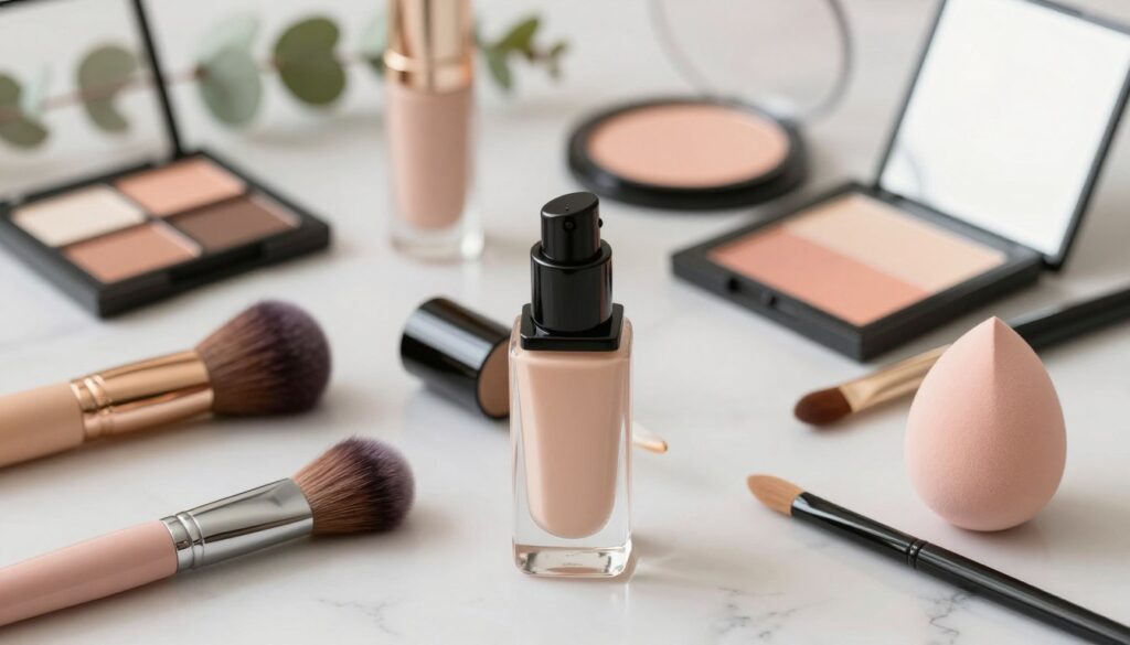 A beautifully arranged flat lay of an elegant makeup primer set on a soft, light-colored marble background. In the foreground, display a sleek, modern glass bottle of primer, reflecting soft natural light. Surround the primer with various makeup tools like a foundation brush, beauty blender, and a compact mirror, all neatly placed. In the middle ground, introduce soft-focus pastel makeup products, such as blush and eyeshadow palettes, while a hint of greenery, like eucalyptus leaves, adds a refreshing touch in the background. The lighting should be warm and inviting, emphasizing the smooth textures and subtle colors, creating an atmosphere of chic sophistication and professional beauty.
