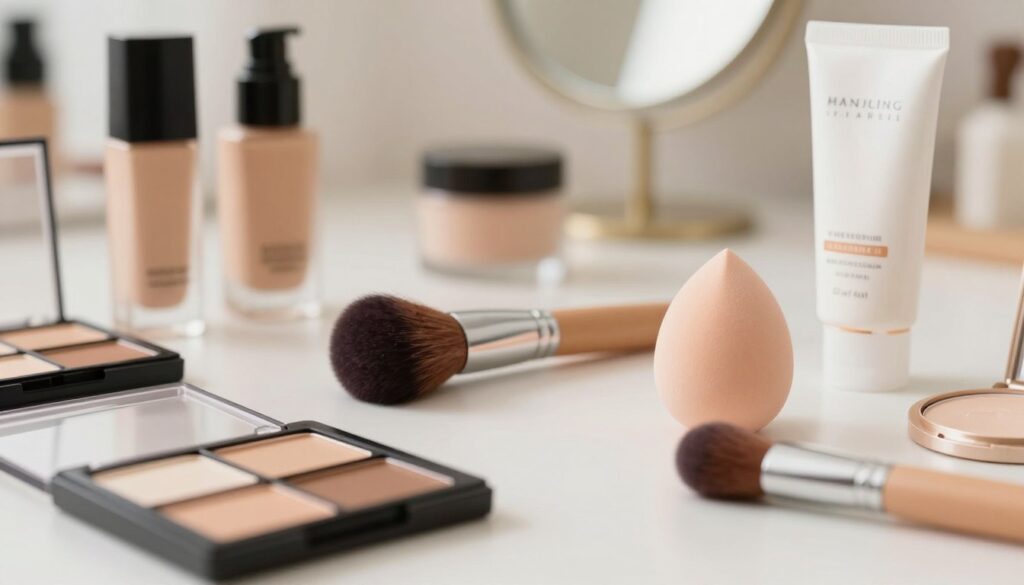 A beautifully arranged flat lay showcasing a variety of makeup base products, including a foundation, concealer, powder, and SPF cream. The foreground features sleek, modern packaging of these products with light reflecting off their surfaces. In the middle, a soft-focus brush and a makeup sponge lie beside the products, inviting the viewer to engage with them. The background is a subtle, blurred vanity mirror that adds depth, with warm, natural lighting creating a cozy, inviting atmosphere. The overall mood is elegant and professional, emphasizing the importance of makeup base in a daily routine. Soft pastel colors dominate the palette, enhancing the visual appeal without overwhelming the scene.