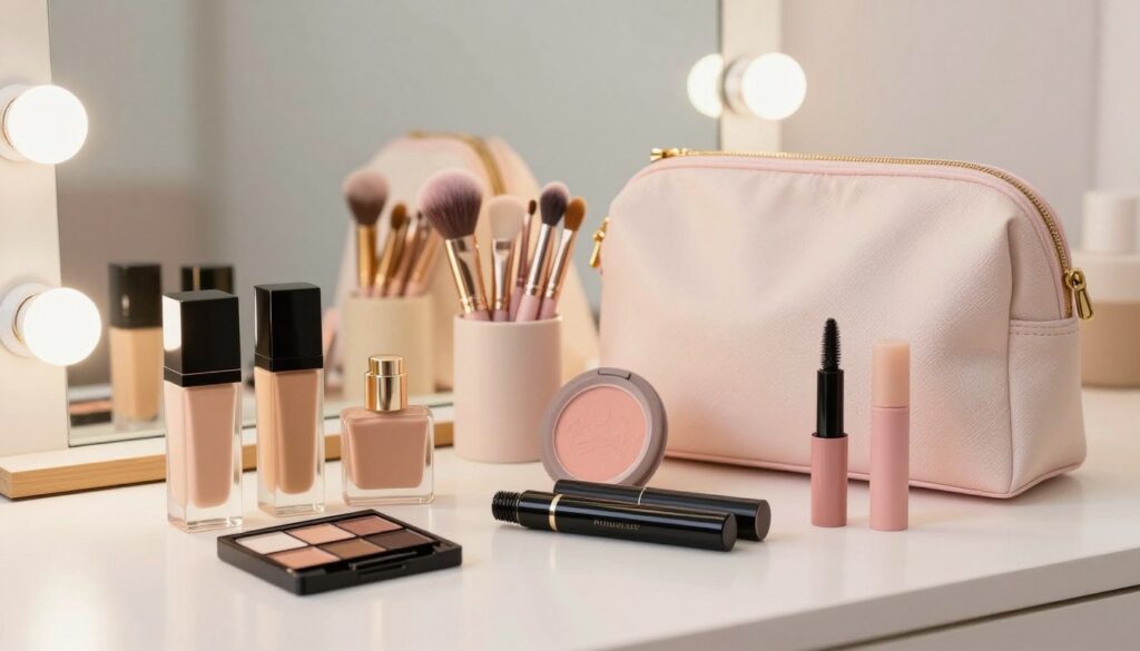 A beautifully arranged makeup kit for beginners, featuring a variety of essential cosmetics. In the foreground, display a selection of foundational items like a compact foundation, a neutral eyeshadow palette, a versatile blush, a basic mascara tube, and lip balm. The middle layer includes soft makeup brushes organized neatly beside the products, with a stylish makeup bag in light pastel colors. In the background, a gently blurred vanity mirror reflects warm, ambient lighting, creating a cozy atmosphere. The color palette is soft and inviting, with shades of pink, cream, and gold. The overall mood is inspiring and welcoming, encouraging new makeup enthusiasts to explore their creativity. Ensure the composition is clean and well-lit, evoking a sense of simplicity and elegance in makeup application.