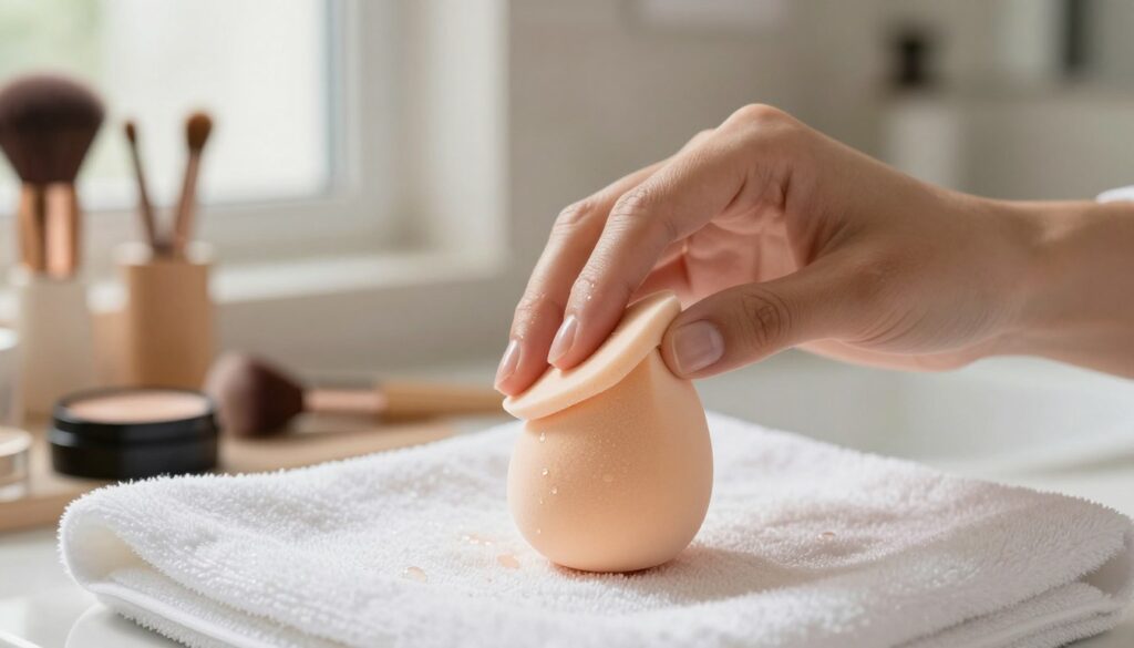 A beautifully arranged scene focused on the preparation of a makeup sponge for application. In the foreground, a soft, damp makeup sponge sits on a clean, white towel, glistening slightly from moisture, with droplets of water reflecting light. The middle layer features a close-up of a woman's hands gently squeezing the sponge, testing its texture, showcasing well-manicured nails. The background softly blurs out with a warm, inviting bathroom setting, featuring natural light streaming through a window, highlighting a few makeup brushes and a compact mirror. The overall atmosphere is calm and professional, evoking a sense of meticulous care and attention to detail in the makeup preparation process. The lighting is bright and diffused, emphasizing the cleanliness and freshness of the scene.