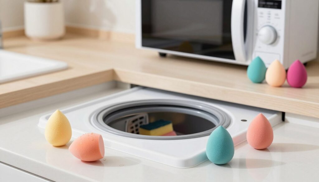 A beautifully arranged scene showcasing various makeup sponges in a well-lit kitchen environment. In the foreground, display soft and colorful beauty sponges, some wet and glistening to illustrate the cleaning process. In the middle ground, include a sleek washing machine partially open, revealing a sponge inside, hinting at the alternative cleaning method. In the background, a modern microwave with an open door, suggesting another cleaning option, with a few more sponges placed on the counter nearby. Use natural lighting to create a fresh, clean atmosphere, emphasizing the importance of cleanliness in makeup tools. The overall mood should be bright, inviting, and informative, promoting effective cleaning techniques. The angle should be slightly above eye level to capture the entire setup enticingly.