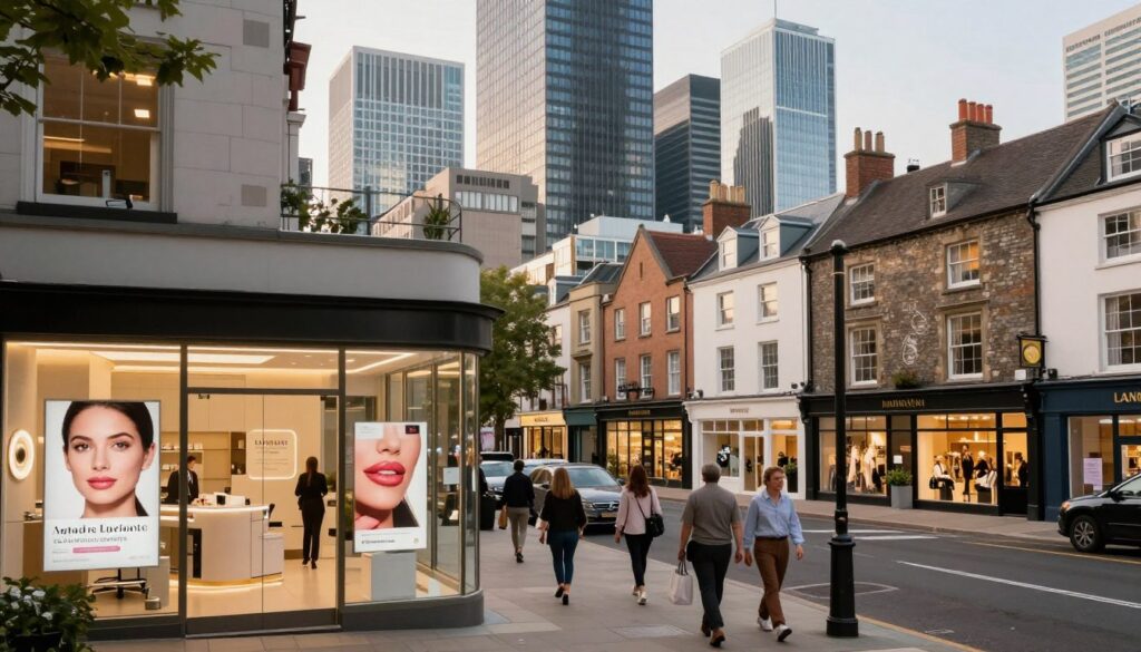 A bustling urban setting depicting a comparison between a large city and a smaller town, emphasizing the aesthetic of modern aesthetic clinics specializing in lip treatments. In the foreground, a stylish aesthetic clinic with glass windows displaying posters of lip enhancement techniques. In the middle ground, contrasting architecture of a vibrant cityscape filled with skyscrapers and luxury shops on one side, while the other side features charming, smaller buildings typical of a quaint town. The lighting is warm and inviting, suggesting daytime, highlighting the differences in clientele and ambiance. A subtle sense of professionalism and relaxation permeates the scene, with individuals in modest attire entering and exiting the clinics. The angle is slightly elevated, providing a dynamic view of the environment.
