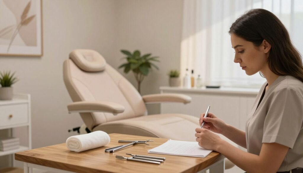 A clean and serene beauty treatment room, showcasing a well-lit space preparing for a permanent makeup procedure. In the foreground, a professional aesthetician in smart casual clothing arranges sterile tools on a polished wooden table. In the middle, a comfortable treatment chair with soft, neutral-toned fabric invites clients. The background is adorned with calming, muted colors, including tasteful wall art and potted plants, enhancing the soothing atmosphere. Soft, diffused lighting casts gentle shadows, emphasizing the tranquility of the environment. The image captures a sense of professionalism and reassurance, highlighting the meticulous preparation steps before a permanent makeup session, reflecting a commitment to client care and comfort.