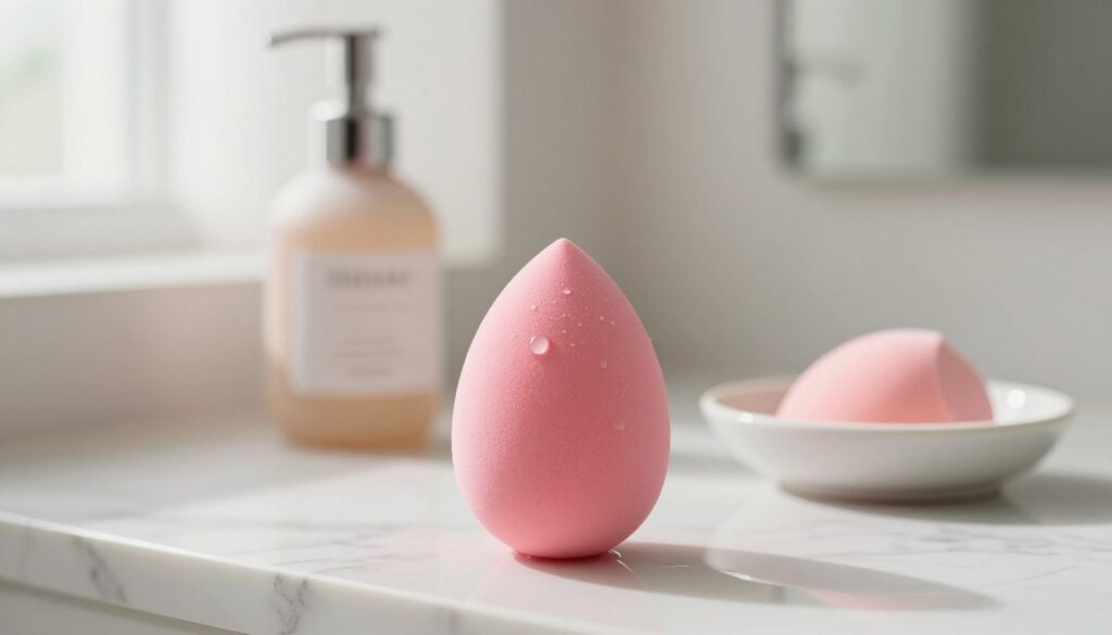 A clean, soft-focus image of a beauty blender sponge in a serene bathroom setting. In the foreground, the beauty blender is positioned neatly on a white marble countertop, lightly damp, with a few droplets of water glistening on its surface to emphasize its cleanliness. The middle ground features a stylish soap dispenser and a small, elegant dish filled with gentle facial cleanser suitable for cleaning makeup sponges. In the background, softly blurred, you can see a light-filled window with sheer curtains, adding a sense of tranquility. Natural light creates a warm, inviting atmosphere, highlighting the beauty blender's vibrant colors. The mood is peaceful and focused, perfect for showcasing the essential care of makeup tools.