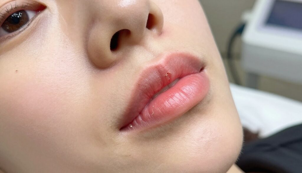 A close-up, artistic representation of a healing lip after a semi-permanent makeup procedure. In the foreground, focus on the lips showcasing a natural, soft pink hue with subtle dry skin flakes indicating the healing process. The middle layer captures the contours of the face, with a gentle light illuminating the skin's texture, highlighting the delicate balance of color stabilization. In the background, a softly blurred atmosphere gives a serene, clinical feel, perhaps with hints of medical equipment related to cosmetic procedures, alluding to professionalism. Use warm, inviting lighting to create an atmosphere of calm reassurance. The composition should evoke a sense of care and attention, ideal for understanding post-procedure healing stages.