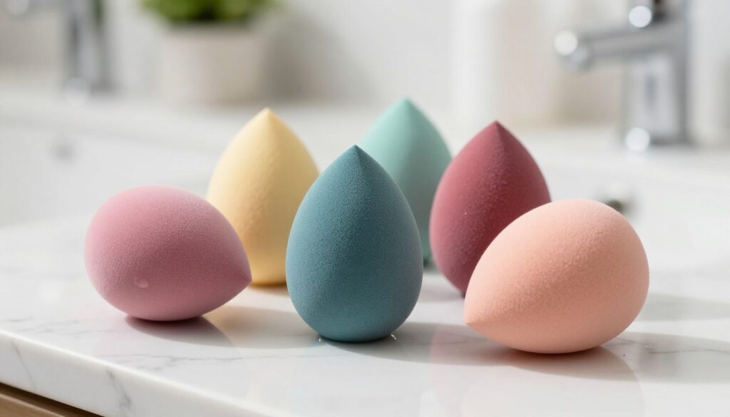 A close-up, detailed view of several makeup sponges (gąbeczki makijażu) arranged on a clean, white marble countertop. The sponges are in various shapes and colors, showcasing their best features and textures, glistening slightly with moisture to suggest they've been prepared for cleaning. In the background, soft-focus bathroom elements like a stylish sink and greenery can be subtly seen, conveying a fresh and organized cleaning space. The lighting is bright and natural, enhancing the colors of the sponges and creating soft shadows that highlight their contours. The mood is calm and inviting, emphasizing cleanliness and efficiency in makeup brush maintenance preparation.