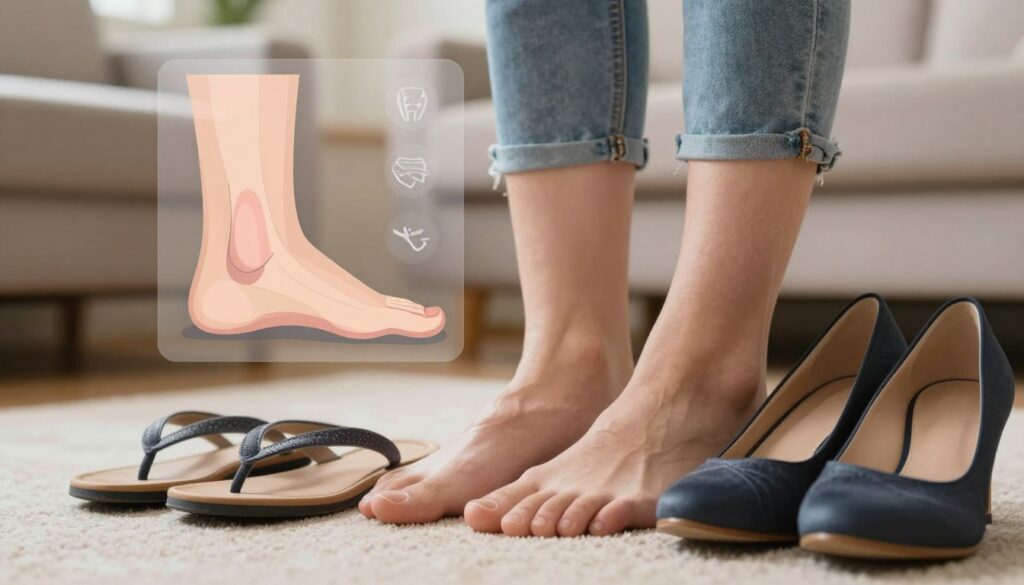 A close-up image focusing on a pair of improperly chosen shoes for flat feet, highlighting common footwear mistakes. In the foreground, feature a pair of ill-fitting shoes with poor arch support, such as flip-flops or high heels, contrasting with supportive orthopedic shoes placed beside them. In the middle ground, show a subtle foot anatomy diagram emphasizing the arches and alignment, with an overlay of transparent icons illustrating pressure points and misalignment areas. The background should be softly blurred and depict a comfortable living room environment with neutral tones, creating a warm and educational atmosphere. The lighting should be soft and inviting, simulating natural daylight, while the image composition captures the essence of choice in footwear. The mood is informative and concerned, urging the viewer to rethink their shoe selection.