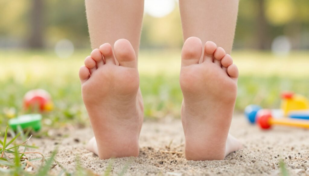 A close-up image of a child's feet, highlighting their bare soles resting on a soft, natural surface like grass or a sandy beach. The scene captures the gentle curves and softness of the child's feet, emphasizing the importance of natural foot development. In the background, a sunlit park setting with soft, diffuse lighting creates a warm and inviting atmosphere. Subtle elements like a few scattered toys or colorful flowers in the soft focus add a playful touch. The mood is tranquil and nurturing, showcasing the beauty of walking barefoot. The perspective should be from a low angle, focusing on the feet, illustrating the connection to nature and the importance of allowing children to experience the world through their bare feet.