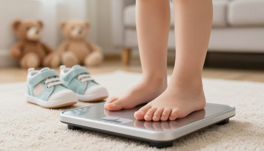 A close-up image of a child's foot standing on a measuring scale designed for shoe sizes, filled with soft natural light to create a gentle ambiance. The foreground features a small, adorable foot with tiny toes, reflecting the innocence of early childhood. In the middle ground, a pair of miniature shoes in soft pastel colors are placed beside the scale, symbolizing the first steps of a child. The background is softly blurred, depicting a cozy living room setting with a warm, inviting atmosphere, including plush toys and a soft rug. The overall mood is nurturing and supportive, evoking the excitement of choosing the perfect first shoes for a child.
