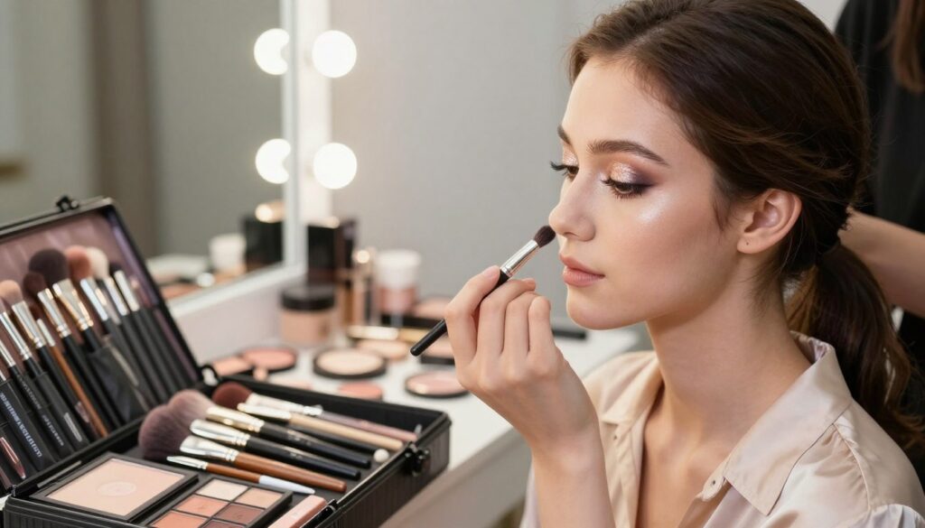 A close-up image of a professional makeup artist applying elegant makeup on a model, showcasing intricate details like shimmering eyeshadow, flawless foundation, and perfectly sculpted cheekbones. In the foreground, a beautifully arranged makeup kit with various brushes, palettes, and cosmetics. The model, dressed in a chic blouse, has a serene expression, highlighting the artistry involved in makeup application. Soft, diffused lighting gently illuminates her features, creating a warm and inviting atmosphere. The background features a softly blurred vanity mirror with lights, enhancing the glamorous mood. The overall composition conveys a sense of professionalism and sophistication, emphasizing the skill and precision required in event makeup. A close-up image of a professional makeup artist applying elegant makeup on a model, showcasing intricate details like shimmering eyeshadow, flawless foundation, and perfectly sculpted cheekbones. In the foreground, a beautifully arranged makeup kit with various brushes, palettes, and cosmetics. The model, dressed in a chic blouse, has a serene expression, highlighting the artistry involved in makeup application. Soft, diffused lighting gently illuminates her features, creating a warm and inviting atmosphere. The background features a softly blurred vanity mirror with lights, enhancing the glamorous mood. The overall composition conveys a sense of professionalism and sophistication, emphasizing the skill and precision required in event makeup.