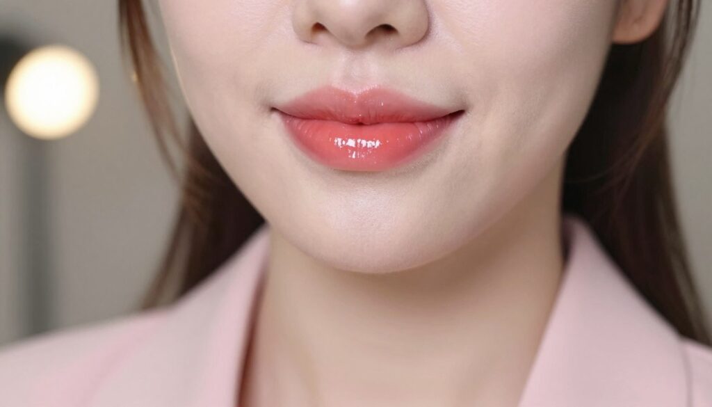 A close-up image of beautifully enhanced lips showcasing the "lip light" effect. The lips should have a soft 3D ombre appearance, blending shades of pink and coral, with a glossy finish that reflects light in a captivating way. The foreground features a model with a subtle smile, dressed in a stylish, professional outfit—a fitted blouse in soft pastel colors. In the middle ground, focus on the lips with a soft bokeh effect to highlight the makeup artistry. The background should be softly lit with a warm light, enhancing the overall glow and creating an inviting atmosphere. Use a gentle, diffused lighting style that accentuates the contours of the lips and adds depth to the image. The overall mood should be sophisticated and trendy, appealing to those interested in modern cosmetic techniques.