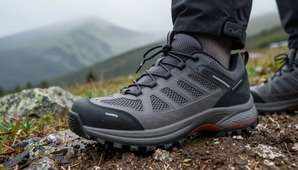 A close-up image showcasing a high-performance outdoor shoe featuring a "membrana oddychalność" design. In the foreground, focus on the shoe's intricate textures, highlighting the waterproof material and breathable mesh components. The middle ground should emphasize natural elements, such as rocky terrain and mud, to illustrate the shoe's functionality in challenging environments. In the background, a misty, mountainous Bieszczady landscape creates a sense of adventure and rugged beauty. The lighting is soft and diffused, suggesting an overcast day, enhancing the atmosphere of outdoor exploration. The angle is slightly tilted to capture depth and detail, inviting viewers to appreciate the shoe's specialized features for hiking conditions.