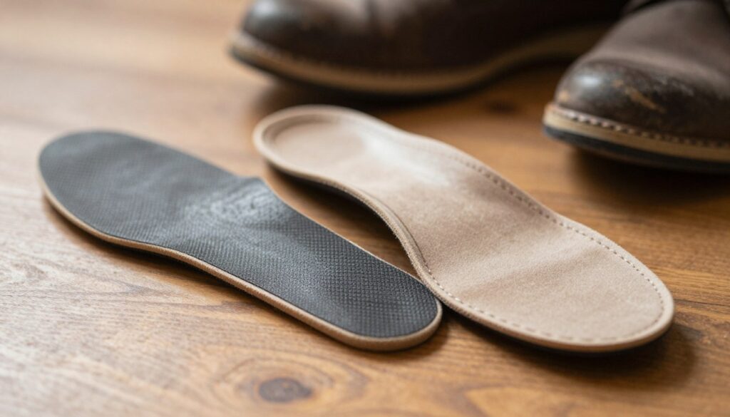 A close-up image showcasing a pair of high-quality shoe insoles lying side by side on a wooden surface. One insole should be flipped to expose its textured bottom, while the other remains face-up, prominently displaying its comfortable padding and arch support. The background features a softly blurred pair of shoes with their open interiors visible, suggesting preparation for the insertion of the insoles. Use warm natural lighting to create a cozy atmosphere, emphasizing the materials' details, such as stitching and cushioning. The angle should be slightly above, capturing the insoles' textures and bringing attention to the notion of recognizing the correct side. The overall mood should feel informative and welcoming.
