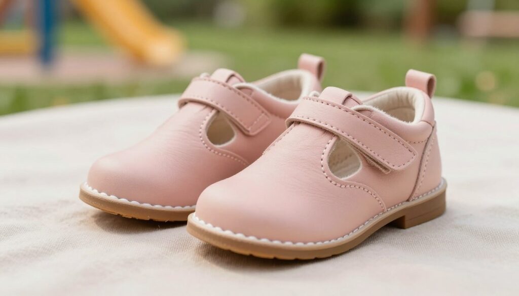 A close-up of a pair of children's first shoes, beautifully crafted in soft, flexible leather, showcasing intricate stitching and a lightweight design. The shoes are placed on a soft, textured fabric background in light pastel colors, emphasizing their comfort and safety. In the background, hints of lush greenery or a softly blurred playground can be seen, suggesting an outdoor setting for exploration and play. Soft, natural lighting highlights the shoes' details and creates a warm, inviting atmosphere. Capture the essence of childhood movement and freedom, evoking a sense of joy and care in selecting the right footwear to support little feet. The composition should be shot from a low angle, enhancing the focus on the shoes while evoking a child's perspective, ensuring the image feels relatable and engaging.
