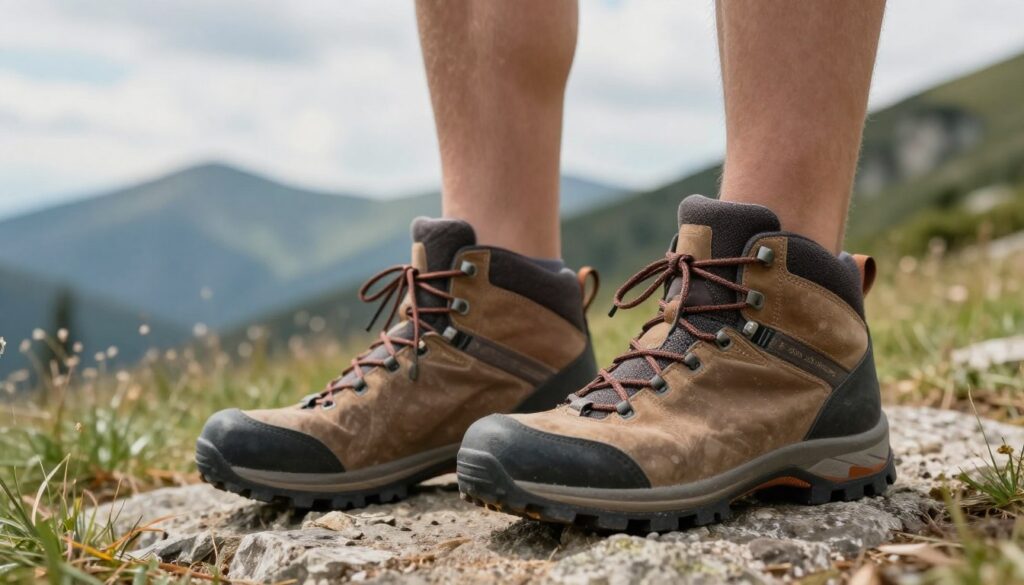 A close-up of a person’s feet wearing hiking boots, showcasing proper fit and size adjustment. The foreground focuses on the boots, emphasizing their snug fit around the ankle and arch, with visible lacing and material texture. The middle ground features a soft surface, like a grassy trail or rocky pathway, hinting at outdoor use. In the background, a blurred mountain landscape under a partly cloudy sky captures the essence of hiking in the Tatras, with hints of rugged terrain. Soft, natural lighting illuminates the scene, creating a warm and inviting mood. The image conveys the importance of choosing the right shoe size to avoid blisters, ensuring comfort during long hikes. A close-up of a person’s feet wearing hiking boots, showcasing proper fit and size adjustment. The foreground focuses on the boots, emphasizing their snug fit around the ankle and arch, with visible lacing and material texture. The middle ground features a soft surface, like a grassy trail or rocky pathway, hinting at outdoor use. In the background, a blurred mountain landscape under a partly cloudy sky captures the essence of hiking in the Tatras, with hints of rugged terrain. Soft, natural lighting illuminates the scene, creating a warm and inviting mood. The image conveys the importance of choosing the right shoe size to avoid blisters, ensuring comfort during long hikes.