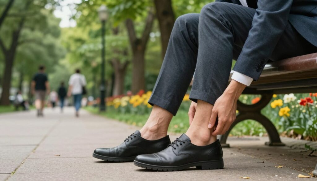 A close-up of a professional wearing smart casual attire, sitting on a bench in a calm park setting. The individual is examining their feet and shoes, which are supportive and well-fitted, with a focus on the heel area. Surrounding them are lush green trees and vibrant flowers, creating a serene atmosphere. The lighting is soft and natural, casting gentle shadows that emphasize the contours of the shoes. In the background, people are walking leisurely along a path, promoting the idea of active lifestyle habits. The mood evokes a sense of tranquility and self-care while addressing heel discomfort. The composition is shot at eye level, with a shallow depth of field to draw attention to the subject's feet and shoes.