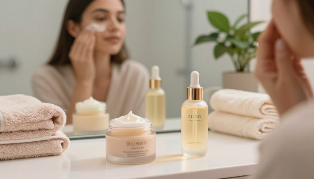 A close-up shot of a flawless skincare routine, featuring a diverse array of high-quality skincare products elegantly arranged on a pristine bathroom counter. In the foreground, focus on a beautifully designed moisturizer and a radiant face serum, with a soft, glowing light illuminating the textures of the creams. In the middle, include a subtle reflection of a skincare enthusiast applying primer on her face, dressed in light, modest casual clothing, with a serene expression. In the background, add soft pastel-colored towels and an indoor plant to create a calming atmosphere. The lighting should be warm and inviting, highlighting the importance of skin preparation for makeup. The composition conveys a sense of tranquility and self-care, making it an ideal visual representation of effective skincare practices.