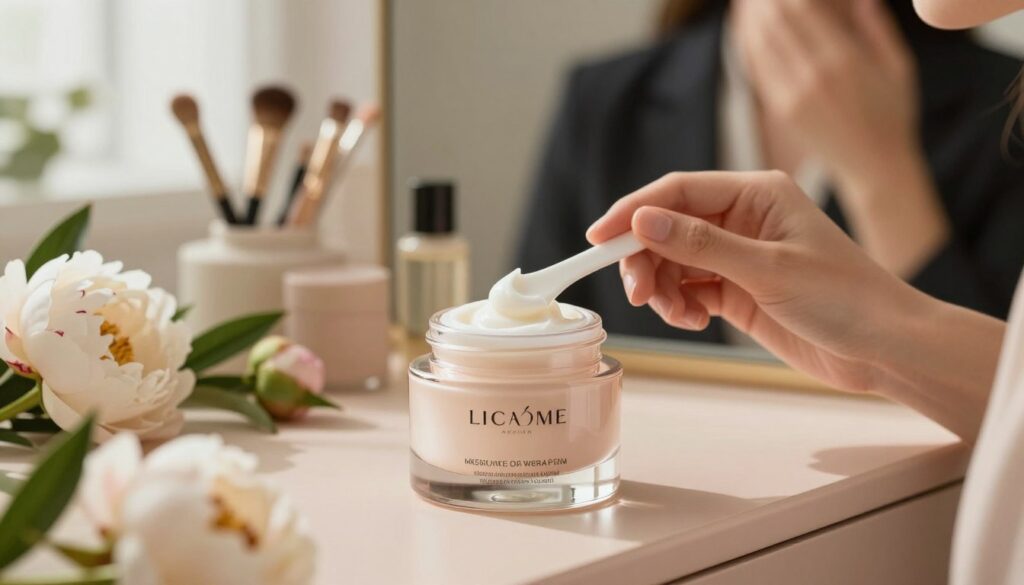 A close-up shot of a luxurious moisturizer jar, elegantly placed on a soft, pastel-colored vanity table, surrounded by delicate peonies and lush greenery. The foreground features the creamy texture of the moisturizer being gently swirled with a spatula, emphasizing its rich and hydrating quality. In the middle ground, a hand (dressed in a chic, professional outfit) is poised to apply the cream to a well-groomed face, showcasing a radiant complexion. The background is softly blurred, with an assortment of beauty tools and a gentle glow from a nearby window, creating a serene and inviting atmosphere. Warm natural light illuminates the scene, highlighting the exquisite details of the product's packaging. The overall mood is calm and elegant, reflecting the essence of skincare and makeup preparation.