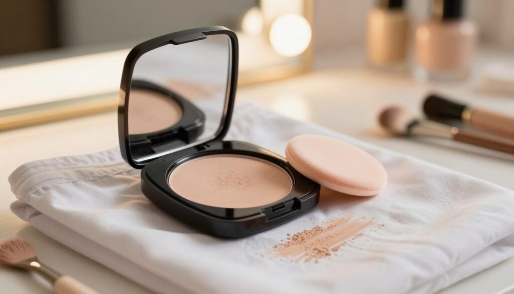 A close-up shot of a vibrant makeup setting featuring a sleek, modern powder compact, opened to reveal a fine, translucent powder. Beside it, a soft powder puff rests elegantly, dusted lightly with powder. In the foreground, there are subtle streaks of makeup on a light-colored, neatly folded shirt, emphasizing the importance of preserving clothing from makeup stains. The background features a softly lit vanity with a large mirror reflecting warm, inviting light, creating a cozy atmosphere. The scene should have a natural glow, focusing on the textures of the powder and fabric. The mood is professional yet approachable, suitable for a beauty tutorial context.