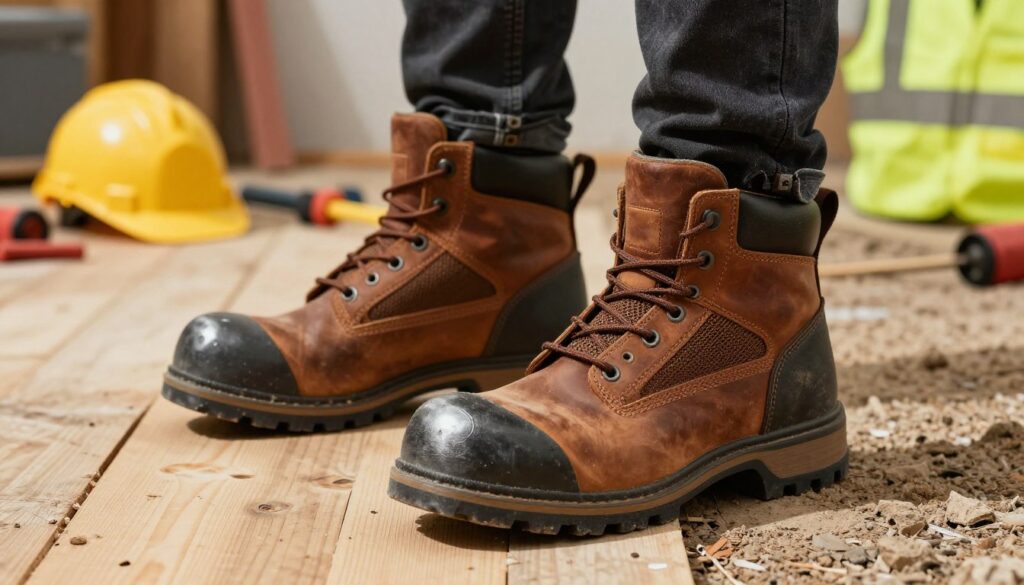 A close-up shot of high-quality work boots designed for standing, construction, and warehouse settings. The foreground features durable, rugged boots made of reinforced leather with steel toe caps and slip-resistant soles, showcasing various features like breathable mesh panels and cushioned insoles. In the middle ground, there are contrasting surfaces — a wooden floor from a warehouse and rough outdoor terrain, emphasizing the versatility of the boots. The background includes tools and equipment for construction, such as a hard hat and a safety vest, capturing the essence of a work environment. The lighting is bright and natural, simulating daylight with soft shadows to create a professional and energetic atmosphere, highlighting the reliability and quality of the footwear.