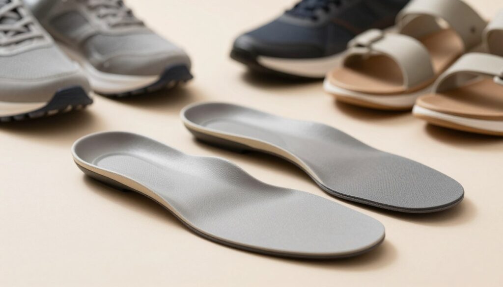A close-up shot of orthopedic insoles placed on a soft, neutral-toned surface, showcasing their texture and design details. The insoles should feature contours and arch support, emphasizing their ergonomic features. In the background, slightly blurred, display different types of supportive shoes, like sneakers and sandals, to illustrate how the insoles fit into various footwear options. The lighting should be bright and even, casting subtle shadows to highlight the contours of the insoles, creating a clean and professional atmosphere. The overall mood should reflect a sense of comfort and support, making it clear that these products are designed to enhance foot health and well-being.