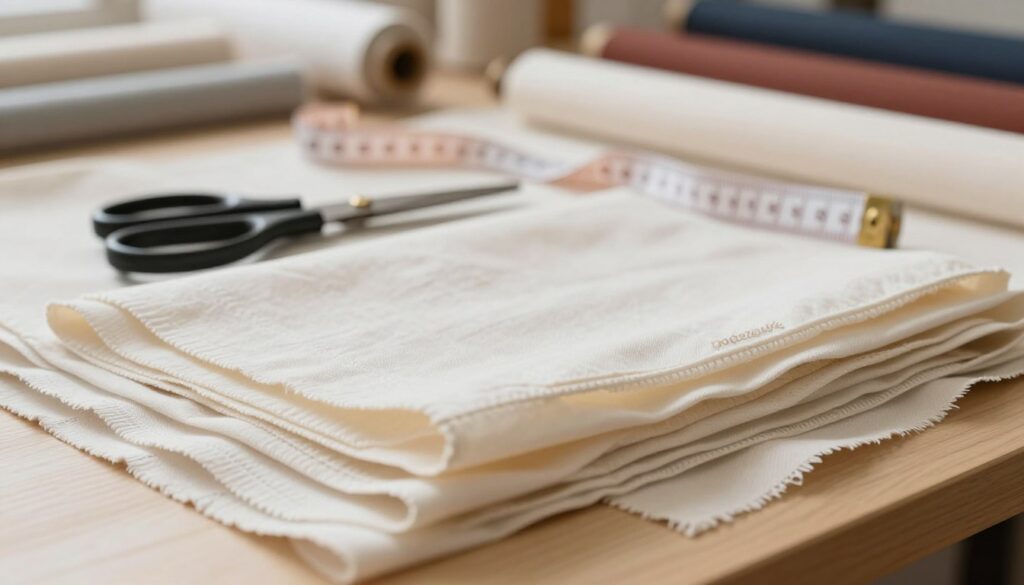 A close-up view of a beautifully arranged layered fabric swatch showcasing "podszewkę" (lining fabric) in soft, delicate textures. The foreground features a neatly folded piece of lightweight lining material, with intricate stitching details visible, capturing its softness. In the middle ground, a pair of fabric shears and a measuring tape lie beside the swatch, symbolizing preparation for garment making. The background softly fades into a blurred workspace filled with more fabric rolls in various colors. Warm, natural lighting floods the scene, creating a cozy atmosphere that evokes a sense of creativity and craftsmanship. The shot is taken at a slight angle, highlighting the texture and layering of the fabrics, emphasizing the importance of choosing the right lining for different dress styles and lengths.
