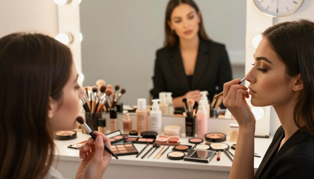 A close-up view of a makeup artist's workspace, showcasing various makeup techniques and tools involved in creating elaborate occasion makeup. In the foreground, a professional makeup artist, dressed in elegant business attire, is applying makeup to a client with a natural look. The middle layer features a wide array of cosmetics like brushes, palettes, and skincare products, artistically arranged to convey the complexity of makeup application. The background includes soft, warm lighting, enhancing the inviting atmosphere of a beauty studio. A mirror reflects the artist's focus, while a clock subtly indicates the time spent on each technique, emphasizing the section title about makeup duration. The overall mood is calm and professional, celebrating the art of makeup while also hinting at the time investment required for a flawless look.