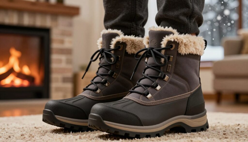 A close-up view of a pair of high-quality winter boots designed for men, showcasing their thermal insulation features and durable materials. The foreground focuses on the boots, highlighting details like a rugged sole, thick laces, and a warm fleece lining peeking out. The middle ground includes a cozy indoor setting, such as a softly lit living room with a fireplace flickering, creating a warm atmosphere. In the background, blurred snowflakes fall gently outside a window, emphasizing the cold contrast outside. The scene is illuminated by soft, warm lighting to enhance comfort. The overall mood conveys warmth, durability, and comfort, ideal for emphasizing thermal comfort in winter footwear.