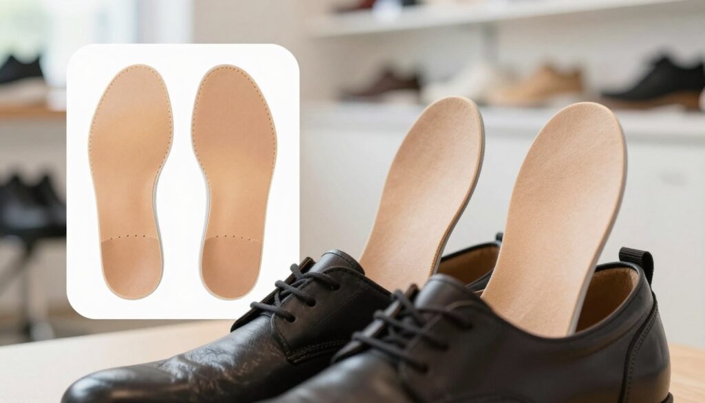 A close-up view of a pair of orthopedic shoe inserts incorrectly placed inside shoes, demonstrating common mistakes. In the foreground, highlight the shoes with visibly misplaced inserts, showcasing improper angles or positions. In the middle ground, include a contrasting image of correctly placed inserts for comparison. The background features a clean, professional setting such as a shoe store or a consultation room, softly lit with natural light to create a warm atmosphere. Use a shallow depth of field to keep the focus on the shoes while blurring the background slightly, emphasizing clarity and detail. The mood should be educational and informative, aimed at helping the viewer understand the proper use of orthopedic inserts.
