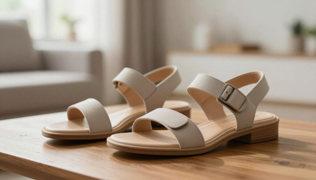 A close-up view of a pair of stylish, supportive heel spur sandals designed for comfort, placed on a natural wooden surface. The sandals feature an adjustable strap system, unique cushioning sole, and a sleek, modern design, showcasing their ergonomics. In the background, softly blurred, a cozy living space filled with soft light filtering through a window, enhancing the ambiance of relaxation and relief. The focus should be on the sandals, with a shallow depth of field to bring them into sharp relief against the serene setting. The overall mood should convey comfort and sophistication, inviting viewers to appreciate their suitability for those suffering from heel pain.