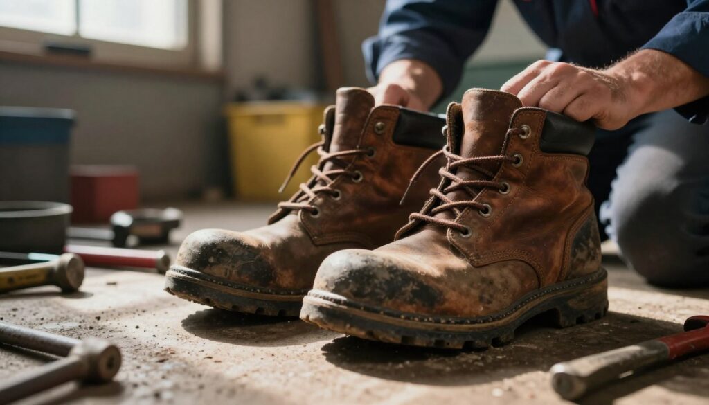 A close-up view of a pair of well-worn work boots resting on a gritty workshop floor, highlighting scuffed soles and signs of wear. In the foreground, focus on the textures of the leather and laces, emphasizing durability. In the middle ground, tools and equipment are scattered, suggesting a busy work environment, while a worker in professional attire examines the boots thoughtfully. The background features soft ambient lighting streaming through a window, casting interesting shadows that evoke a sense of hard work and dedication. The overall atmosphere conveys the importance of footwear in a labor-intensive setting, inviting viewers to consider the factors that affect the lifespan of work shoes.