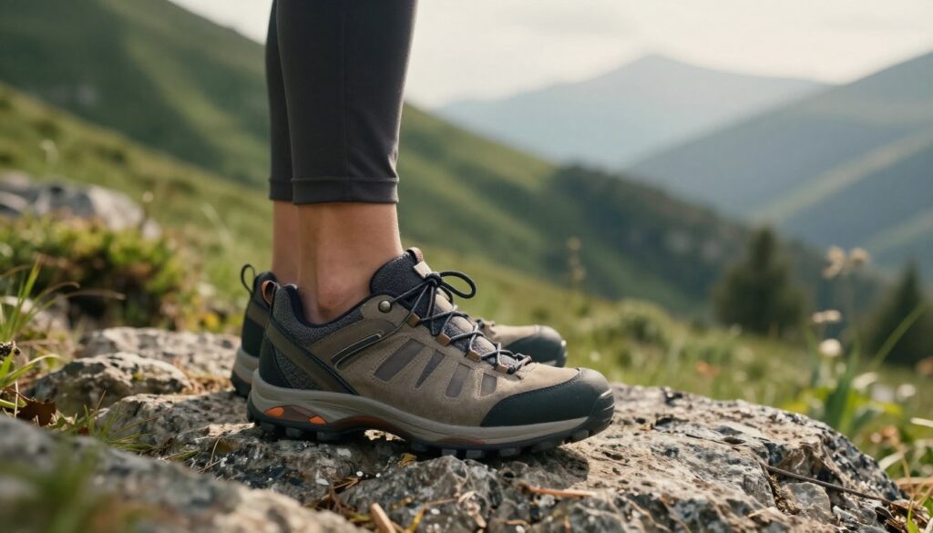 A close-up view of a pair of women's trekking shoes, designed for comfort and support during long hikes, featuring advanced cushioning technology. The shoes are placed on a rocky, mountainous terrain with lush green hills in the background, emphasizing the outdoor setting. Soft natural lighting filters through the trees, creating a warm, inviting atmosphere. The foreground focuses on the shoes, showcasing their texture and detailing, while the middle ground captures the surrounding wilderness. The background includes distant mountains shrouded in mist, enhancing the sense of adventure. A sense of tranquility and exploration pervades the scene, inviting the viewer to imagine a long, rewarding trek in nature.