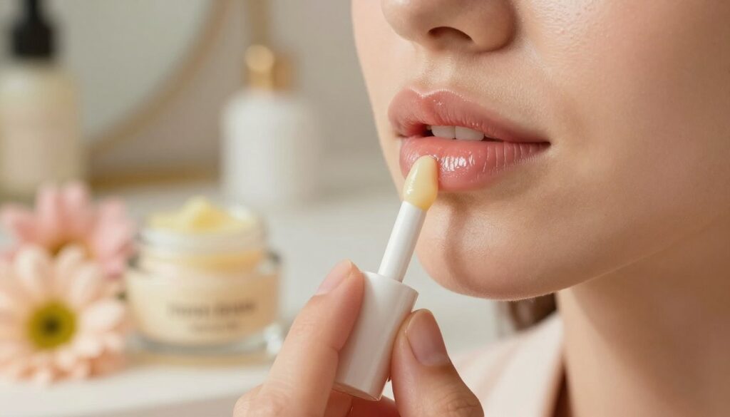 A close-up view of a person's lips being gently smeared with a nourishing lip balm. The lips are beautifully defined with a slight sheen, showcasing a healing and hydrated appearance after permanent makeup procedures. The foreground features a delicate hand, gentle and careful, applying the balm with a soft applicator. The middle layer includes a small, elegantly designed jar of lip balm with natural ingredients, surrounded by soft, pastel-colored flowers that promote a soothing atmosphere. The background is softly blurred, hinting at a serene, well-lit vanity setting with elegant beauty tools, creating a calm and inviting mood. The lighting is warm and soft, emphasizing the warmth of the skin and the glow of the lips, enhancing the overall feeling of care and renewal.