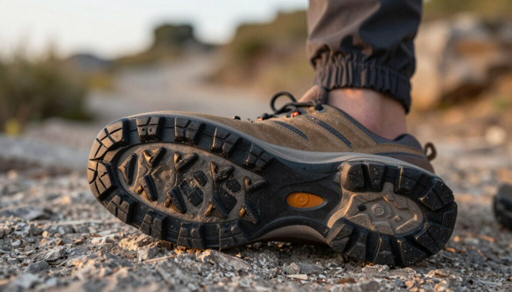 A close-up view of a rugged trekking shoe sole, emphasizing detailed textures and patterns designed for grip and stability. The foreground features the outsole with prominent lugs and tread designs, showcasing how they provide traction on uneven terrain. In the middle ground, a hint of the shoe's upper material in earth tones can be seen, creating a sense of durability and comfort. The background consists of a blurred natural landscape, such as a rocky trail, signifying outdoor adventures. The lighting is soft and natural, mimicking the warm glow of early morning or late afternoon, enhancing the shoe's features. The overall atmosphere is one of adventure and reliability, appealing to outdoor enthusiasts looking for the perfect trekking footwear.