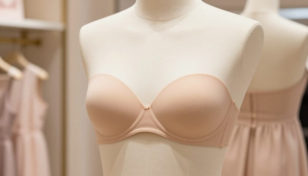 A close-up view of a strapless adhesive bra designed for seamless wear. The biustonosz samonośny features a soft, nude color that blends well with skin tones, showcasing its smooth and sleek design. It is placed against an elegant mannequin wearing a beautiful dress with an open back. The lighting is soft and warm, creating a flattering glow that highlights the contours of the bra and the fabric of the dress. In the background, a blurred boutique setting adds an element of sophistication, with soft pastel colors and delicate fabrics subtly complementing the main subject. The atmosphere is chic and inviting, emphasizing fashion and elegance without any distractions, ensuring a focus on the bra's utility and style.