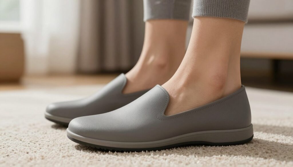 A close-up view of a stylish pair of supportive shoes designed specifically for flat feet. The shoes should have a sleek, modern design with noticeable arch support and cushioning elements. In the foreground, focus on one shoe positioned at an angle to highlight its ergonomic features. The middle ground should include a subtle texture of a soft carpet, adding warmth to the scene. In the background, there should be a blurred suggestion of a cozy living space with neutral colors to evoke a sense of comfort. Soft, natural lighting filters through a nearby window, creating gentle shadows and illuminating the shoe's details. The overall mood should convey tranquility and practicality, emphasizing the importance of comfort in everyday footwear.