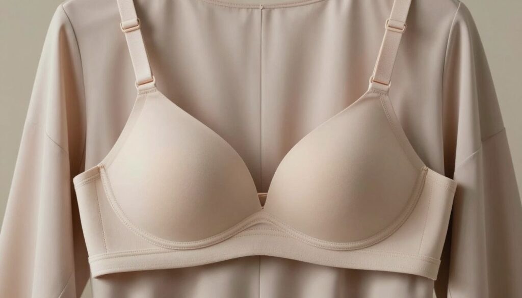 A close-up view of a well-fitted, stylish bra in a neutral tone, showcasing details like smooth cups and supportive straps. The bra is positioned against a soft fabric backdrop, hinting at elegant dress materials, with draping effects to suggest how it complements open-back dresses. The lighting is soft and diffused, enhancing the texture of both the bra and the fabric. In the foreground, blurred outlines of a dress’s open back can be subtly hinted at, emphasizing the bra’s discreet fit and functionality. The atmosphere should feel chic and sophisticated, reflecting comfort and elegance, ideal for formal occasions. The overall composition should focus on the harmony of design, support, and style without human subjects, ensuring professionalism.